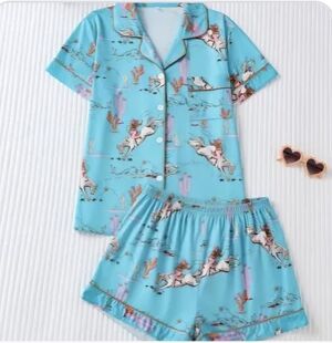 Tourquoise Blue Pajama Set with Horse Print